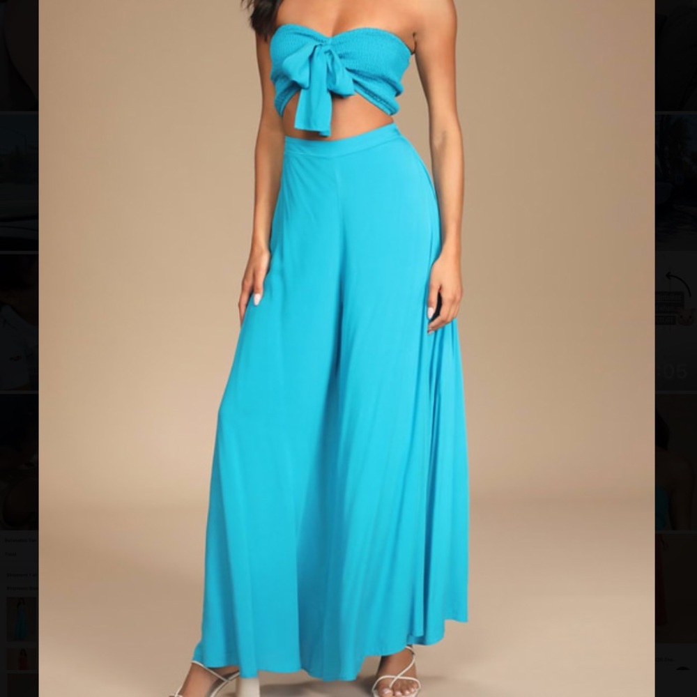 Lulus Seaside To Shore Turquoise Blue Strapless Two Piece Jumpsuit